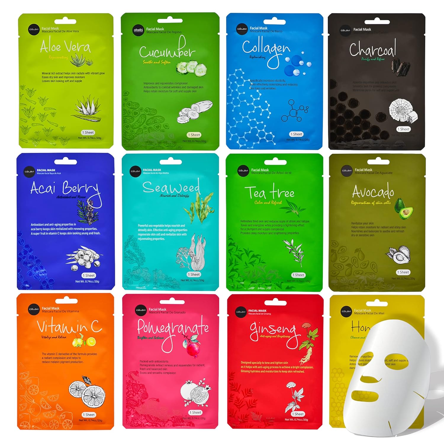 12 PACK CELAVI FACIAL SHEET MASK 2 EACH TT, HONEY, AVOCADO, POM, CHARC, CUCUMBER