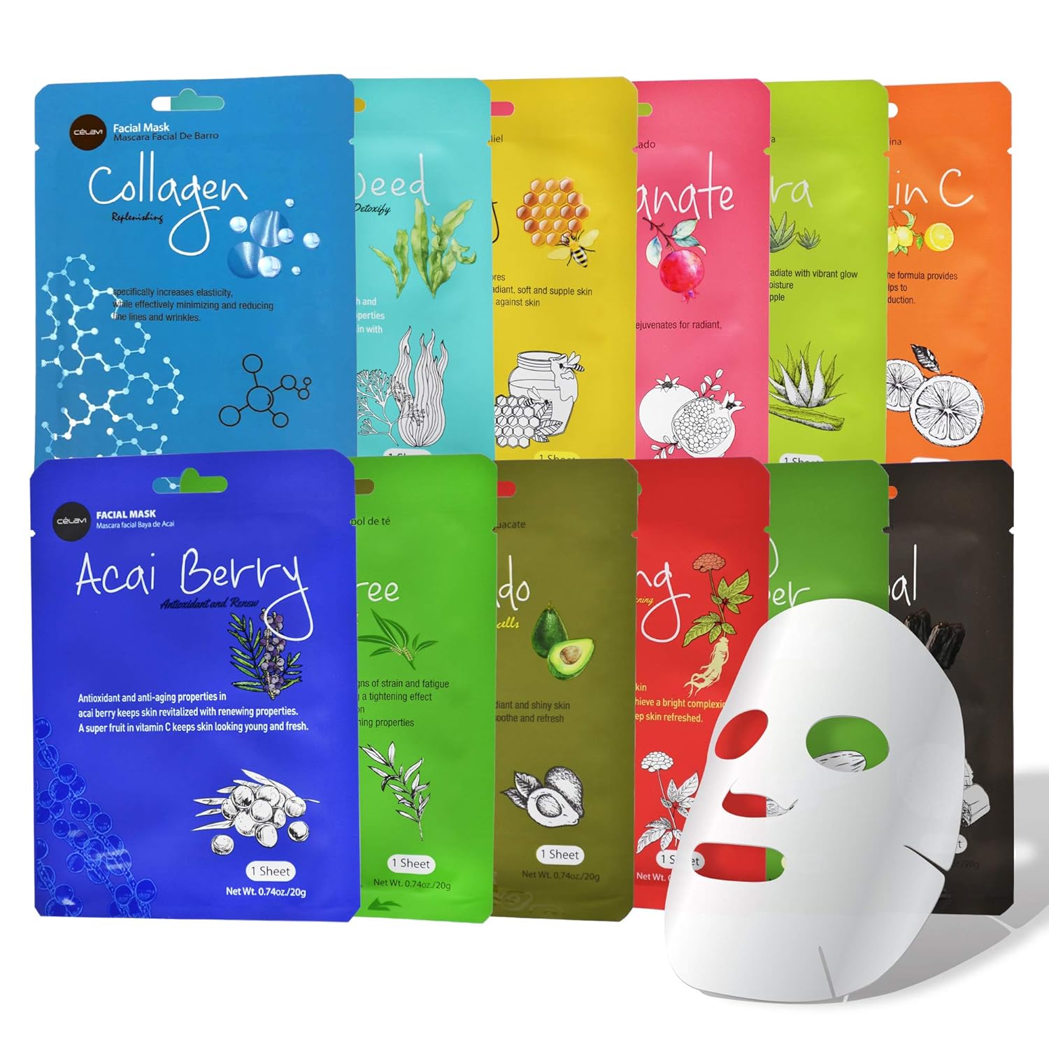 12 PACK CELEVI ESSENSE FACIAL SHEET MASK SET
