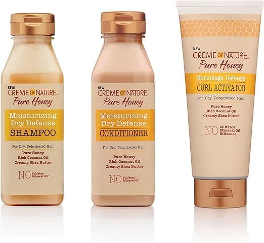 CREME OF NATURE PURE HONEY  DRY DEFENSE SHAMPOO 8oz, DRY DEFENSE CONDITIONER  8oz AND CURL ACTIVATOR  10.5oz (1 OF EACH)